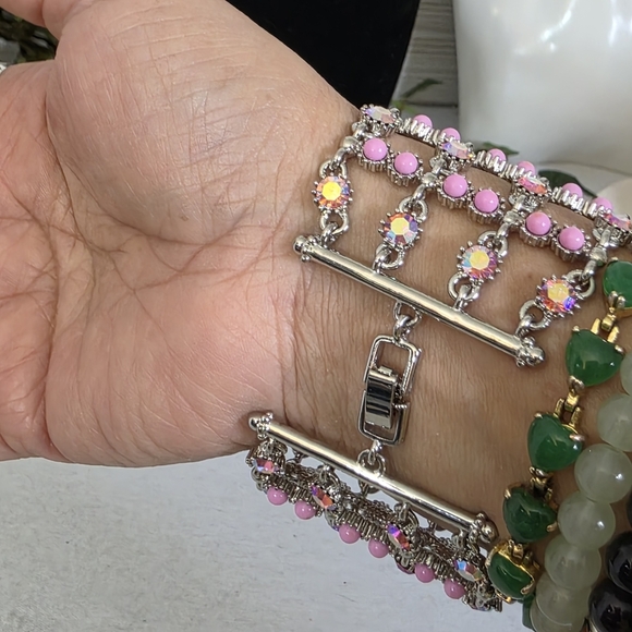 Vintage Wide Silver and Pink Lattice Bracelet - Picture 9 of 11